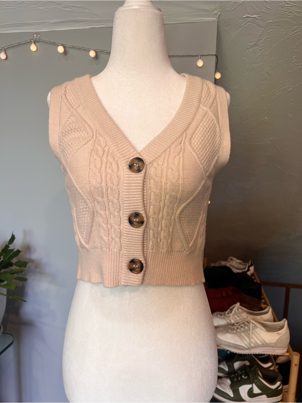 Sincerely Jules Beige Cable Knit V-Neck Button Sweater Vest